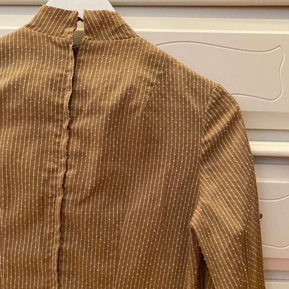 60s/70s Size S Mini Dress Neck Tie Linen Skirt Gold Beige Bodice - Picture 14 of 16